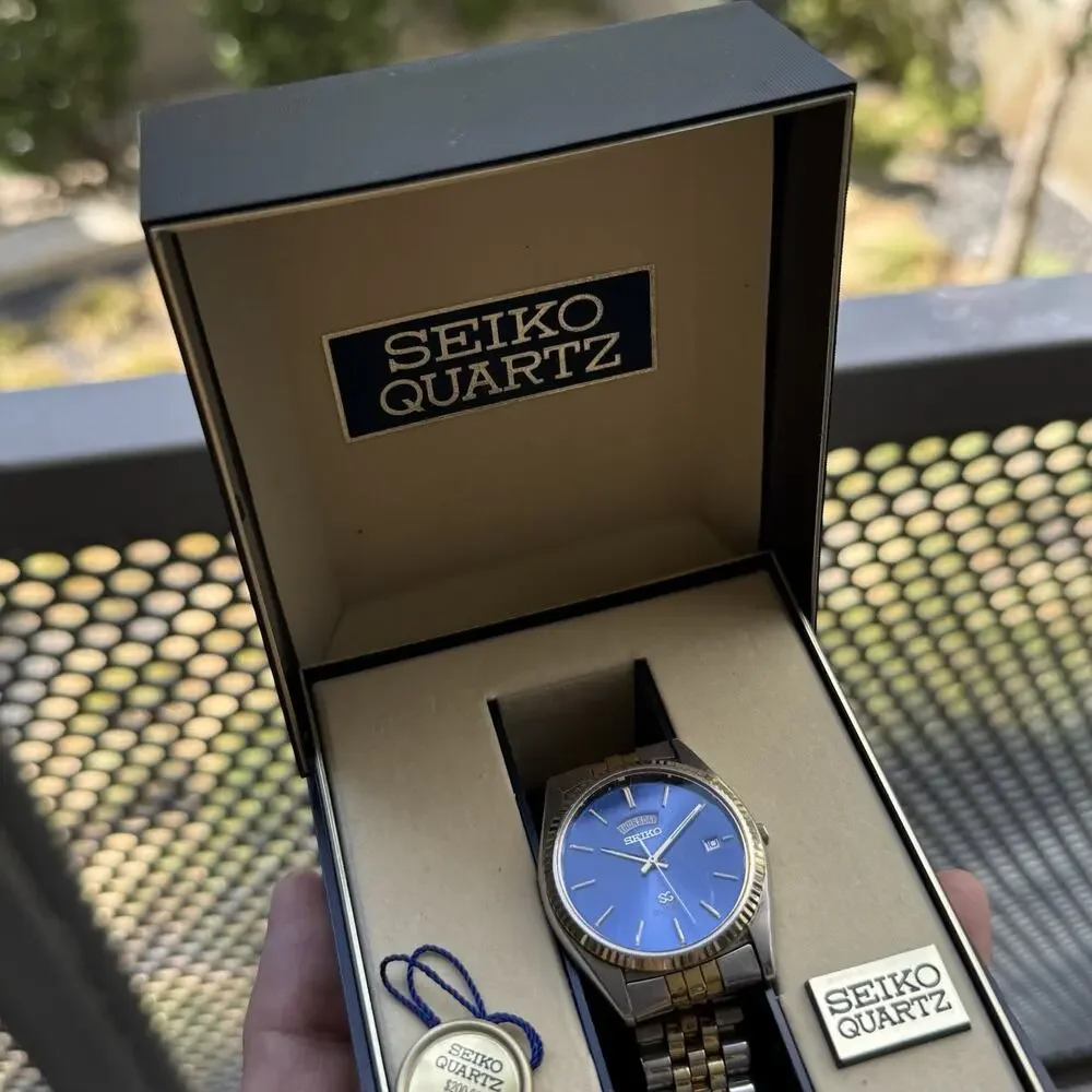 Vintage Seiko SQ President Fluted Bezel Watch 36mm Blue Dial Two Tone Daydate
